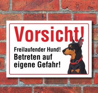 Vorsicht "Freilaufend", Dobermann, Hund, Schild, Hinweis, 3 mm Alu-Verbund Motiv 3 300 x 200 mm
