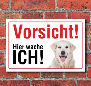 Vorsicht "Hier wache ich", Golden Retriever, Hund, Schild, Hinweis, 3 mm Alu-Verbund Motiv 1 300 x 200 mm
