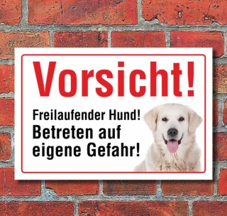 Vorsicht "Freilaufend", Golden Retriever, Hund, Schild, Hinweis, 3 mm Alu-Verbund Motiv 3 300 x 200 mm