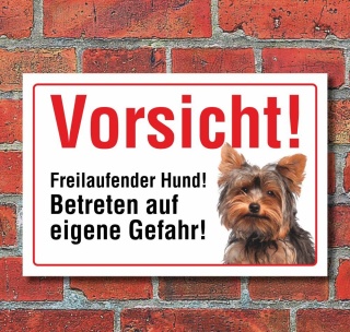 Vorsicht "Freilaufend", Yorkshire Terrier, Hund, Schild,  3 mm Alu-Verbund Motiv 3 300 x 200 mm