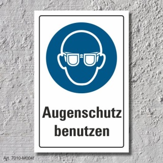 Schild "Augenschutz benutzen", DIN ISO 7010, 3 mm Alu-Verbund  300 x 200 mm