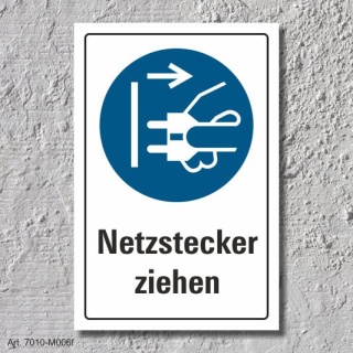 Schild "Netzstecker ziehen", DIN ISO 7010, 3 mm Alu-Verbund