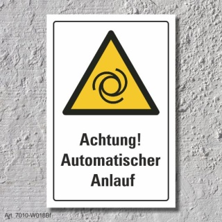 Warnschild "Achtung! Automatischer Anlauf", DIN ISO 7010, 3 mm Alu-Verbund