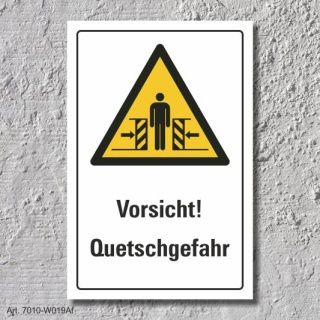 Warnschild "Vorsicht! Quetschgefahr", DIN ISO 7010, 3 mm Alu-Verbund  300 x 200 mm