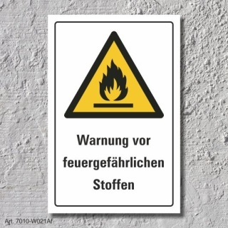Warnschild "Feuergefährliche Stoffe", DIN ISO 7010, 3 mm Alu-Verbund