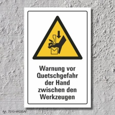 Warnschild "Quetschgefahr, Hand, Werkzeuge",...