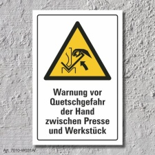 Warnschild "Quetschgefahr, Hand, Presse", DIN...