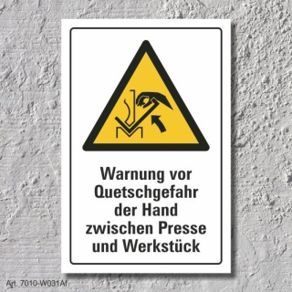 Warnschild "Quetschgefahr, Hand, Presse", DIN ISO 7010, 3 mm Alu-Verbund  300 x 200 mm