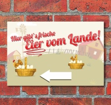 Schild "Frische Eier vom Lande, Pfeil links", 3...