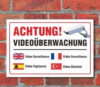 Schild "Achtung, Videoüberwachung, mehrsprachig", 3 mm Alu-Verbund  300 x 200 mm