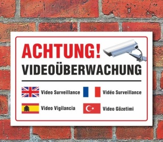 Schild "Achtung, Videoüberwachung, mehrsprachig", 3 mm Alu-Verbund  600 x 400 mm