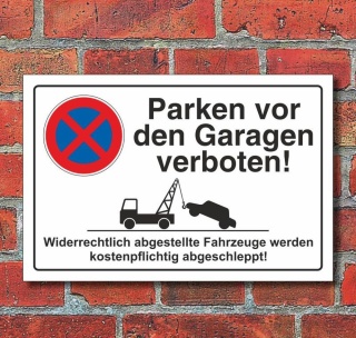 Schild Parkverbot, Parken vor den Garagen, 3 mm Alu-Verbund - 300 x 200 mm