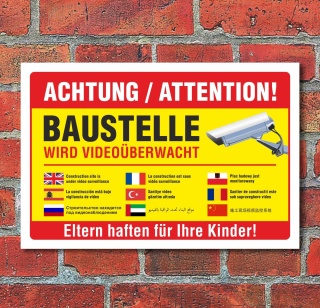 Schild Baustelle Videoüberwachung mehrsprachig Warnschild 3 mm Alu-Verbund 600 x 400 mm