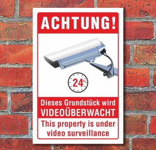 Schild Grundstück Videoüberwacht Videoüberwachung englisch 3 mm Alu-Verbund