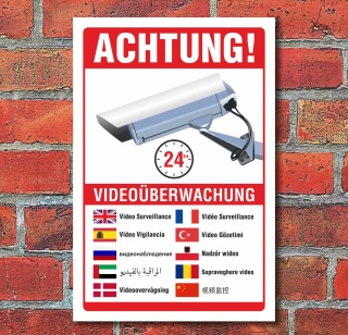 Schild Videoüberwachung Warnschild Hinweisschild 10 Sprachen 3 mm Alu-Verbund 450 x 300 mm