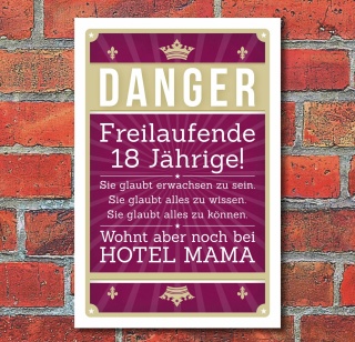 Schild Retro Vintage Geburtstag Freilaufende 18 Jährige Hotel Mama Alu-Verbund