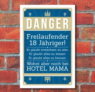 Schild Retro Vintage Geburtstag Freilaufender 18 Jähriger Hotel Mama Alu-Verbund