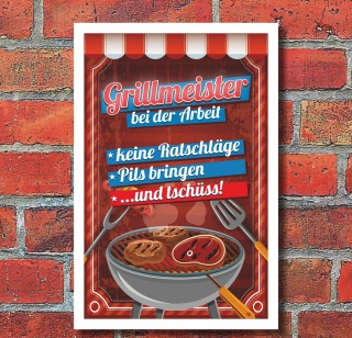 Schild Grillmeister Barbecue Barbeque BBQ Feiern grillen Pils 3 mm Alu-Verbund