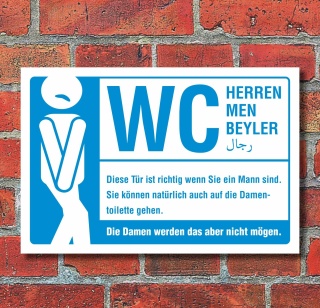 Schild WC Toilette Herren Männer mehrsprachig witziger Spruch 3 mm Alu-Verbund