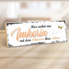 Vintage Shabby Holzschild "Hier wohnt eine Imkerin mit dem Schwarm Ihres Lebens" – Dekoschild aus Holz 30x10 cm