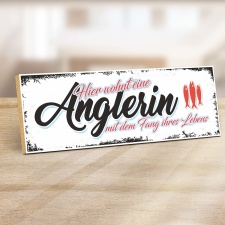 Vintage Shabby Holzschild "Hier wohnt eine Anglerin...