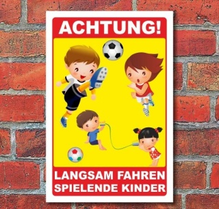 Schild Achtung Spielende Kinder, langsam fahren, 3 mm Alu-Verbund  300 x 200 mm