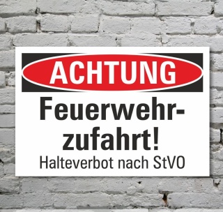 Schild Achtung Feuerwehrzufahrt Halteverbot Parkverbot 3 mm Alu-Verbund 300 x 200 mm