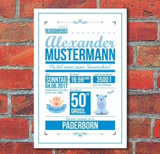 Schild Geburt Taufe Geburtstag Geschenk Wandtafel Junge 3 mm Alu-Verbund
