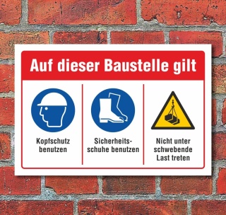 Schild Baustelle Kopfschutz Sicherheitsschuhe schwebende Last 3 mm Alu-Verbund