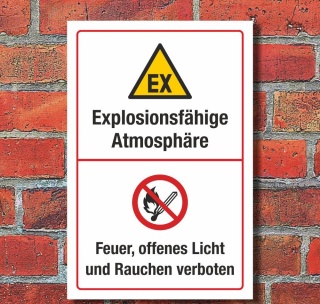 Schild Explosive Atmosphäre Feuer Licht Rauchen verboten 3 mm Alu-Verbund