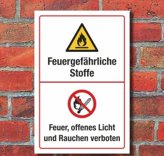 Schild Feuergefährliche Stoffe Feuer Licht Rauchen verboten 3 mm Alu-Verbund 300 x 200 mm