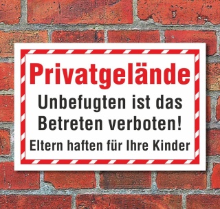 Schild Privatgelände Betreten verboten Eltern haften Hinweis 3 mm Alu-Verbund 300 x 200 mm