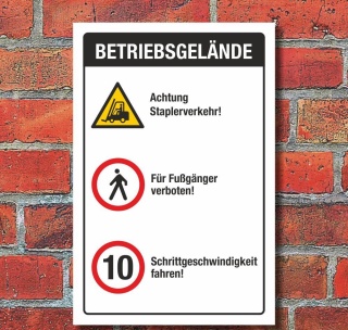 Schild Betriebsgelände Staplerverkehr Fußgänger verboten Schritt Alu-Verbund