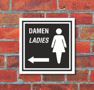 Schild WC Toilette Klo Damen Pfeil links Türschild 400 x 400 mm Alu-Verbund