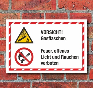 Kombischild Vorsicht Gasflaschen Feuer Licht Rauchen verboten 3 mm Alu-Verbund 300 x 200 mm