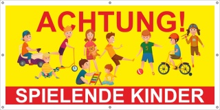 PVC Werbebanner Banner Plane Hinweis Spielende Kinder Langsam fahren 2200 x 1100 mm