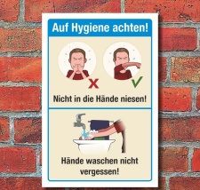 Schild Hygiene Armbeuge Niesen Husten Hände waschen...