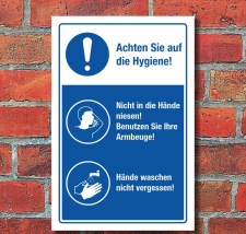 Schild Hände waschen Hygiene Armbeuge Niesen Husten...