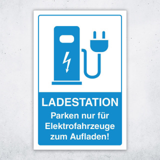 Schild Parkplatz Ladestation E-Auto Elektroauto Fahrzeuge 3 mm Alu-Verbund - 600 x 400 mm