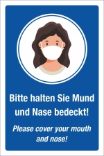 Schild Mund Nase bedecken Mund-Nasen-Schutz Mundschutz Englisch 3 mm Alu-Verbund 300 x 200 mm