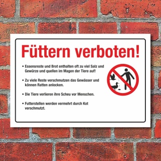 Schild Füttern verboten Essensreste Ratten Kot Hinweisschild 3 mm Alu-Verbund