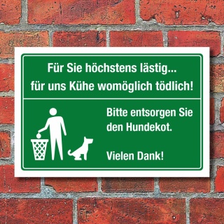 Schild Landwirtschaft Futterwiese Kuh Kühe tödlich Hunde 3 mm Alu-Verbund 450 x 300 mm