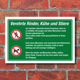 Schild Weidetiere Kuh Rind Stier Abstand halten Hunde verboten 3 mm Alu-Verbund 450 x 300 mm