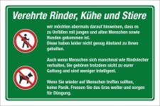 Schild Weidetiere Kuh Rind Stier Abstand halten Hunde verboten 3 mm Alu-Verbund 450 x 300 mm