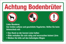 Schild Bodenbrüter Vögel Hunde anleinen Lärm vermeiden Waldweg 3 mm Alu-Verbund 450 x 300 mm