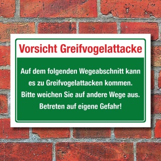 Schild Greifvogelattacke Warnschild Betreten auf eigene Gefahr 3 mm Alu-Verbund