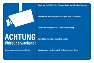 Schild Videoüberwachung videoüberwacht DSGVO Farbe wählbar 3 mm Alu-Verbund Blau 450 x 300 mm