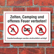 Schild Zelten Camping Feuer verboten Wohnmobil Wohnwagen 3 mm Alu-Verbund