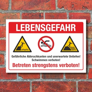 Schild Lebensgefahr Abbruchkante Untiefen Schwimmen verboten 3 mm Alu-Verbund