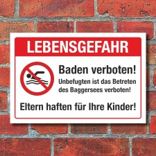 Schild Lebensgefahr Baggersee Baden verboten Schwimmen verboten 3 mm Alu-Verbund 300 x 200 mm